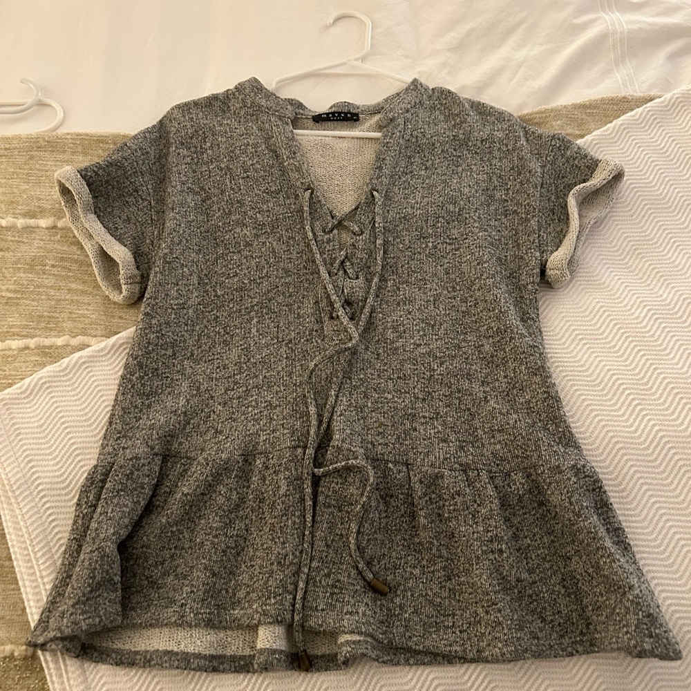 Maven West Grey Peplum Lace Up Top